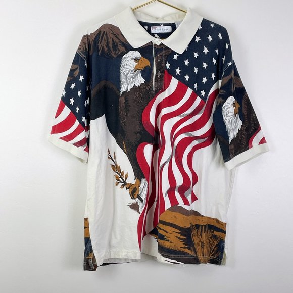 American Summer Clothing Company Allover Print American Flag & Eagle Polo Shirt - Picture 1 of 7